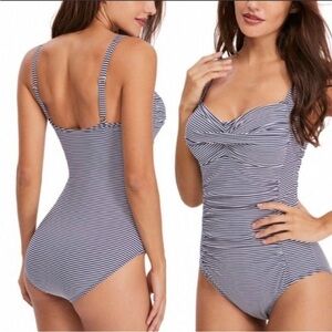 Niptuck 12 Multifit Cup Navy Stripe Ruched One Peice Swim Bathing Suit Pinup